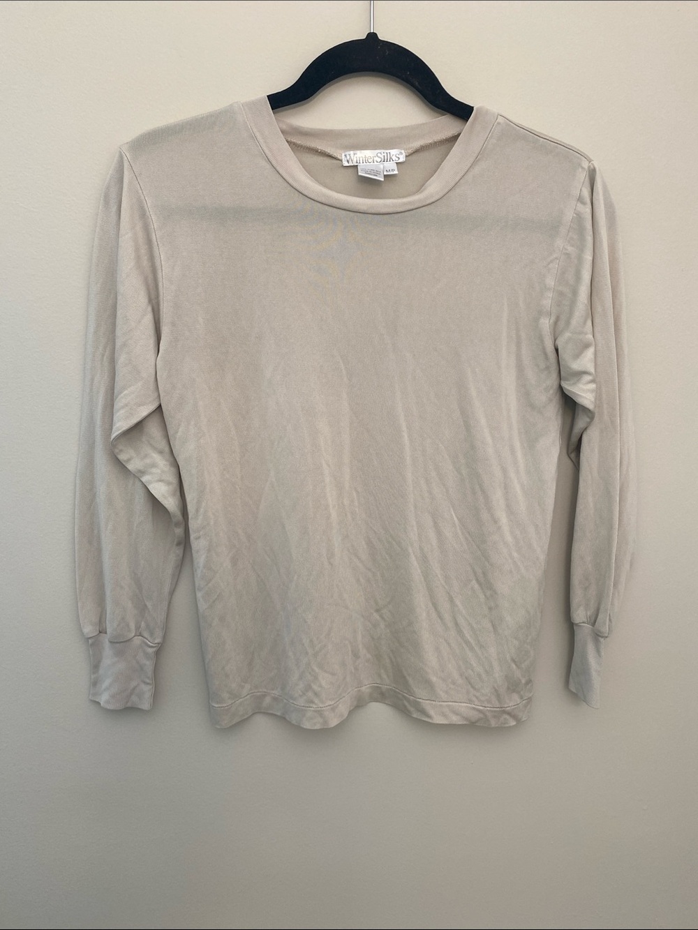 Winter Silks 100% Pure Silk White Stag Long Sleeve Crewneck Tee in Light Taupe